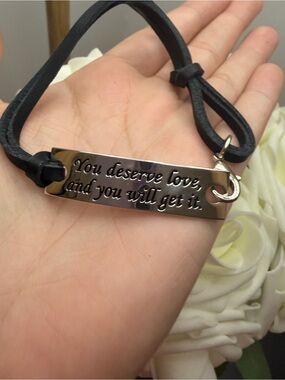 Engraved Inspirational Leather Bracelet — Black Silver Plate